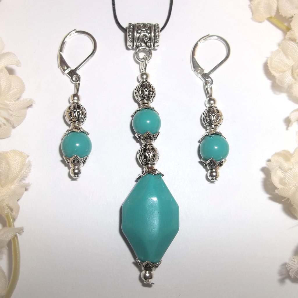 Turquoise Beaded Jewelry Set Necklace Earrings Handmade Gift Idea For Her 6695 40$